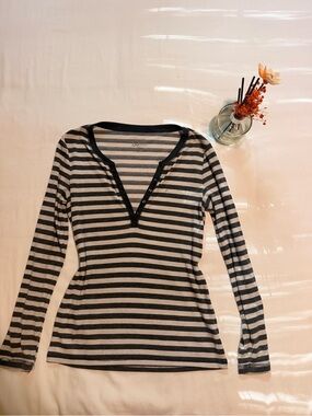 Vintage Justice Black & White Striped Long-Sleeve Henley